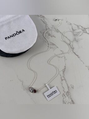 Pandora Silver Necklace with Red and Clear Heart Stones Pendant